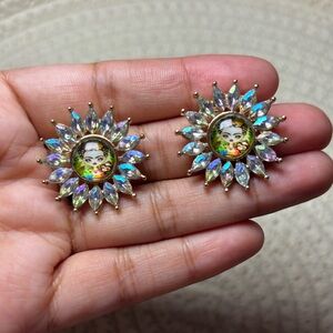 Frida Kahlo Gold and Iridescent Sunflower Shape Stud Earrings New!